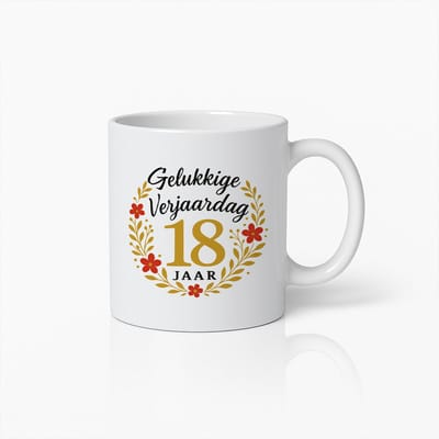 Gelukkige 18e Verjaardag Mok 330 ml – Elegant Bloemmotief Cadeau voor 18 Jaar Jubileum