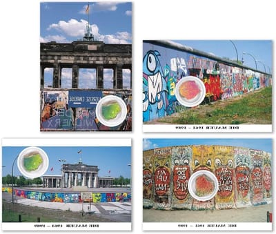 Ansichtkaarten Berlijnse Muur - Historische kaarten Souvenir kaarten - Geschiedenis delen - Met echt muurstuk - 4 stuks - Graffiti motieven