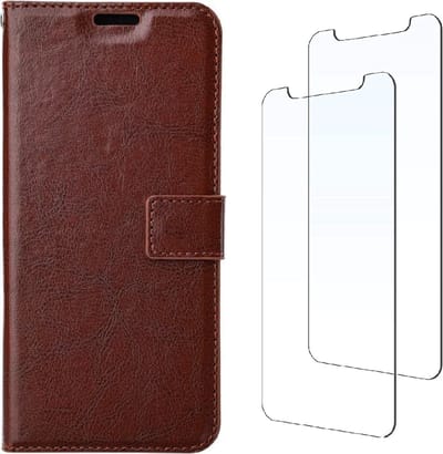 LuxeBass Boekhoesje en 2x Screenprotector geschikt voor iPhone 13 - Bruin gsm hoesje - telefoonhoes - telefoonhoesjes