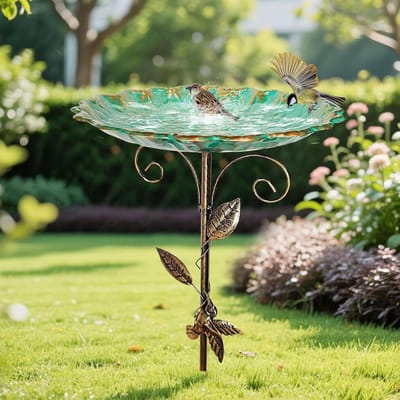 Vogelbad voor buiten – 30 inch vogelbad en voerschaal met metalen grondpen voor tuin, erf of terras - Groen