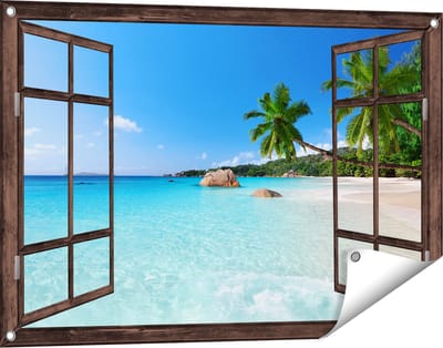 Gards Tuinposter Doorkijk Tropisch Strand en Zee - 90x60 cm - Tuindoek - Tuindecoratie - Wanddecoratie buiten - Tuinschilderij
