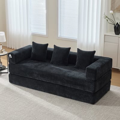 Wishdor - Modulaire Sofablokken - Chenille Bekleding En Antislip Onderzijde - Modern Ontwerp - Voor Woonkamer - Schuimvulling En Houten Frame - Zwart - 198 X 79 X 60 Cm