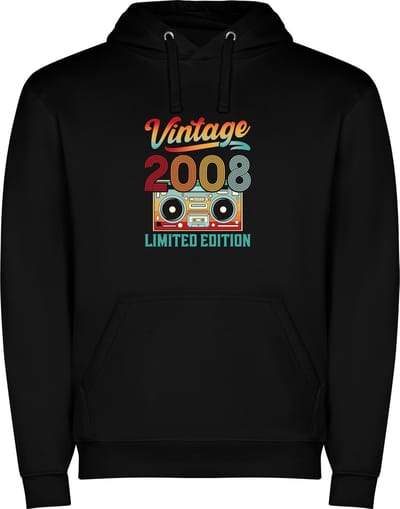 Zwarte unisex hoodie met “ Kleurrijke Vintage 2008 Limited Edition met Cassetttebandje – Verjaardag “ Print Full Color Color merk Roly maat S