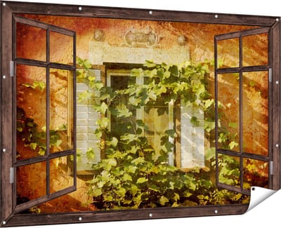 Gards Tuinposter Doorkijk Raam met Luiken - 180x120 cm - Tuindoek - Tuindecoratie - Wanddecoratie buiten - Tuinschilderij