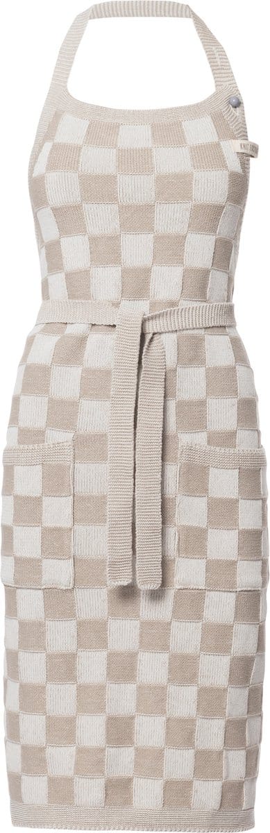 Knit Factory Gebreide Keukenschort Dames & Heren - Kookschort - Kokssloof - Keukensloof - Koksschort - Barbecue schort Block - Ecru/Linnen - Bruin - One Size - Met steekzakken