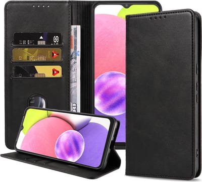 Smartphonica Samsung Galaxy A03s kunstleren hoesje met magnetische sluiting en pashouders book case - zwart geschikt voor Samsung Galaxy A03S