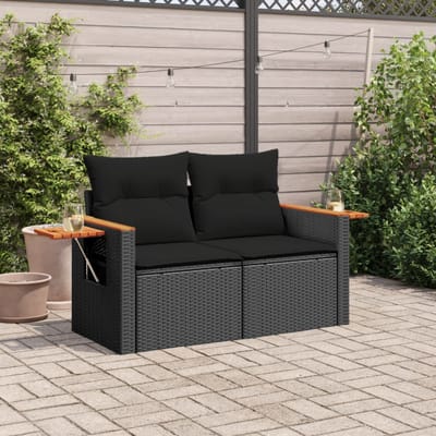 vidaXL - Tuinbank - 2-zits - met - kussens - poly - rattan - zwart
