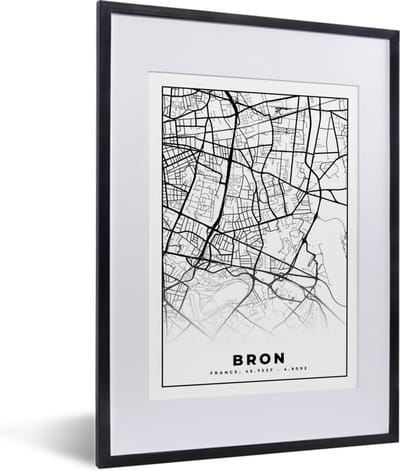 Fotolijst incl. Poster Zwart Wit- Plattegrond - Kaart - Frankrijk - Stadskaart - Bron - Zwart wit - 30x40 cm - Posterlijst