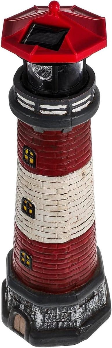 Vuurtoren Decoratie - Zonne-energie Baken - Tuin Verlichten - Automatisch Roterend - 37 cm Hoog - Rood