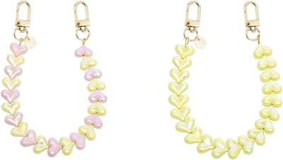 xoxo Wildhearts telefoonkoorden Funky Hearts Charm Cord Pink Yellow Metallic + Funky Hearts Charm Cord Yellow Metallic – speelse telefoonkettingen met metallic hartjes – vrolijk en modieus – geschikt voor iPhone / Samsung
