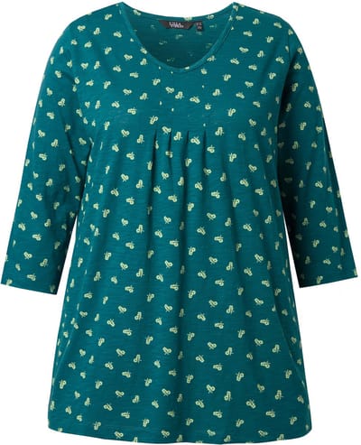 Ulla Popken - Dames - Shirt bloemen A-lijn V-hals 3/4-mouwen - Petrolgroen - Maat 42+