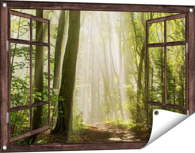 Gards Tuinposter Doorkijk Bos met Bomen en Zonneschijn - 90x60 cm - Tuindoek - Tuindecoratie - Wanddecoratie buiten - Tuinschilderij