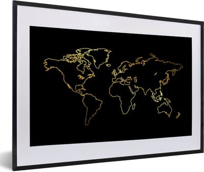 Poster in lijst - Fotolijst 60x40 cm - Posters - Gouden wereldkaart op een zwarte achtergrond - Posterlijst zwart - Decoratie - Wanddecoratie woonkamer - Muurdecoratie slaapkamer