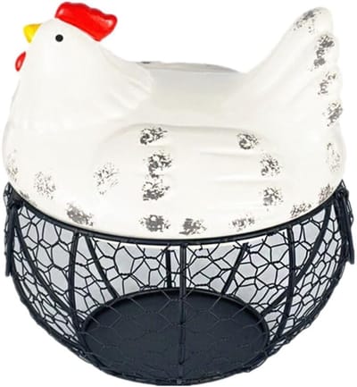 Ynkkvre - Eier Aufbewahrungskorb Eierhalter Keramik Eier Aufbewahrungskorb Eierhalter für Küchendekoration - Sierlijk kuikenontwerp - Multifunctioneel gebruik - Ruimte voor 15 eieren - Duurzaam keramiek & metaal - Wit
