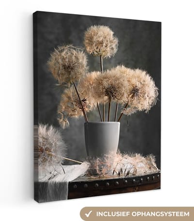 Canvas schilderij 30x40 cm - Wanddecoratie Bloemzaden - Paardenbloem- Vaas - Stilleven - Boeket - Muurdecoratie woonkamer - Slaapkamer decoratie - Kamer accessoires - Schilderijen op canvas