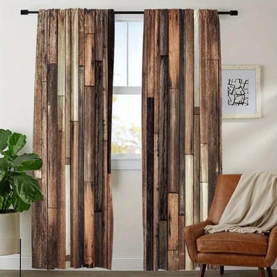 3D 2 pièces Rideau de fenêtre imprimé planches de bois vintage pour chambre salon passe-tringle traitement de fenêtre décoration intérieure W65X60H(cm)X2Pcs&Grommet Top black