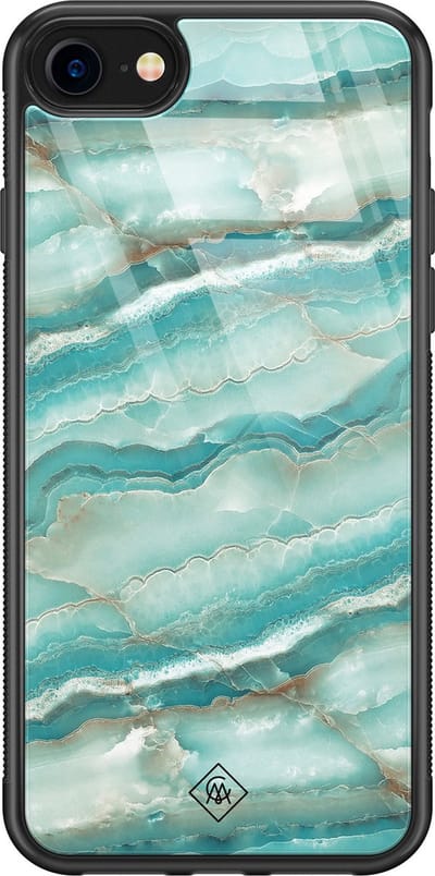 Casimoda® hoesje - Geschikt voor iPhone SE (2020) - Marmer Azuurblauw - Luxe Hard Case Zwart - Backcover telefoonhoesje - Blauw