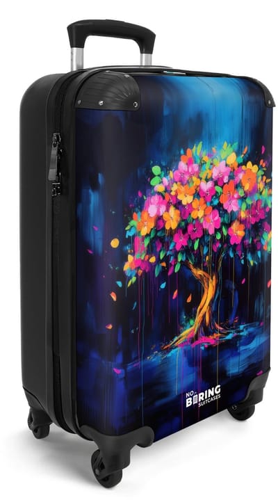 NoBoringSuitcases.com® - Handbagage koffer lichtgewicht - Reiskoffer trolley - Boom met neonbloemen op donkerblauw - Reis rolkoffer met wieltjes - Cabin koffertje klein - Carryon valies - Harde bagagekoffer - Past binnen 55x40x20 en 55x35x25