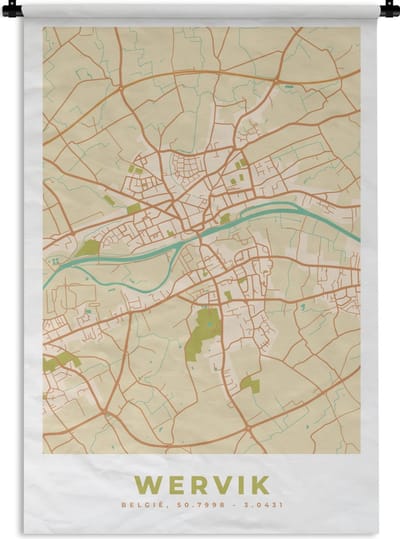 Wandkleed - Wanddoek - Stadskaart - Plattegrond - Vintage - Wervik - Kaart - 120x180 cm - Wandtapijt