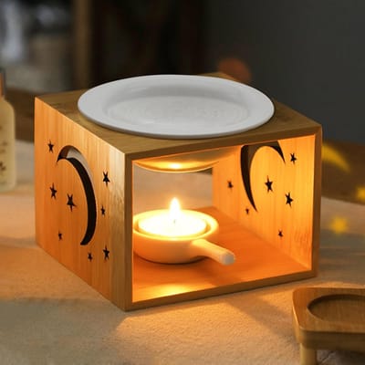 Essentiële Olie Brander met Theelichthouder van Bamboe en Keramiek, Geurige Wax Smeltwarmer voor Aromatherapie, Yoga, Meditatie en Woondecoratie in de Woonkamer