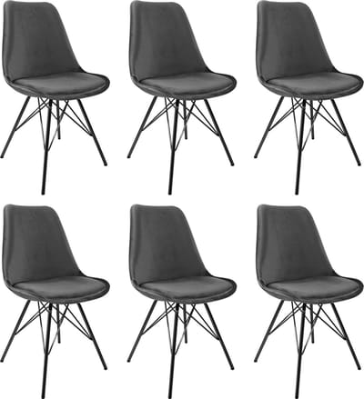 KICK® VELVET Kuipstoelen Donkergrijs – Set van 6 – Eetkamerstoelen – Velvet – Zwart Frame