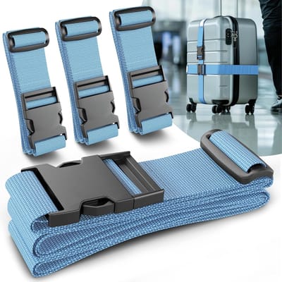 Thijox - Kofferriem 4-delig set - Opvallende Kofferbanden voor Veiligheid - Inclusief Naamplaatjes - Blauw - Perfect voor Reizen, Vakantie, Camping, e