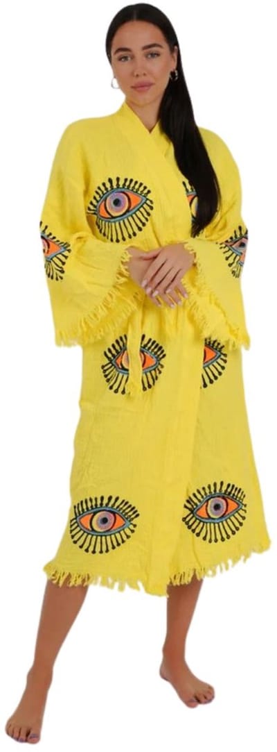 Kimono dames - 100% biologisch katoen - sauna badjas - zomer badjas - absorberend - handgemaakt - geel