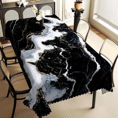 Moderne Zwarte Marmeren Tafelkleed met Witte & Gouden Aders, Golvende Rand, Vlekbestendig, voor Eetkamer & Elegante Woondecoratie 90x140cm white