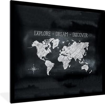 Poster in lijst - Fotolijst 40x40 cm - Posters - Wereldkaart - Krijtbord - Kompas - Posterlijst zwart - Decoratie - Wanddecoratie woonkamer - Muurdecoratie slaapkamer