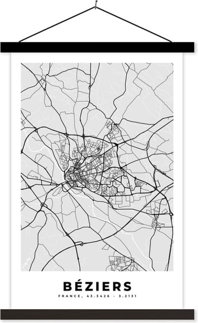 Posterhanger incl. Poster 40x60 cm - Schoolplaat - Kaart - Stadskaart - Béziers - Plattegrond - Frankrijk - Textielposter - Zwarte latten - Stadskaart