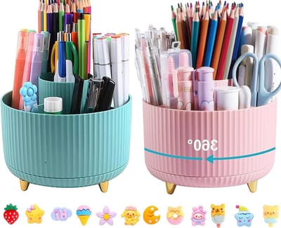 360 Graden Draaibare Pennenhouder met 5 Vakken voor Organisatie, Desk Organizer voor Kantoor, School en Thuis (Roze + Blauw)