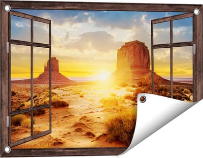 Gards Tuinposter Doorkijk Zonsondergang in Woestijn Monument Valley - 60x40 cm - Tuindoek - Tuindecoratie - Wanddecoratie buiten - Tuinschilderij