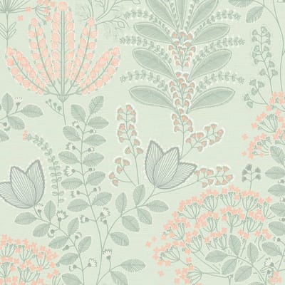 Bloemen behang Profhome 393493-GU vliesbehang hardvinyl warmdruk in reliëf licht gestructureerd met bloemmotief mat groen lichtgroen roze wit 5,33 m2