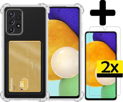Hoesje - Geschikt voor Samsung Galaxy A52 - Met 2x Screenprotector - Pashouder - Kaarthouder - Telefoon Hoes Shockproof - Siliconen Case - Back Cover - Shock Proof - Pasjes Houder - Telefoonhoesjes - Transparant