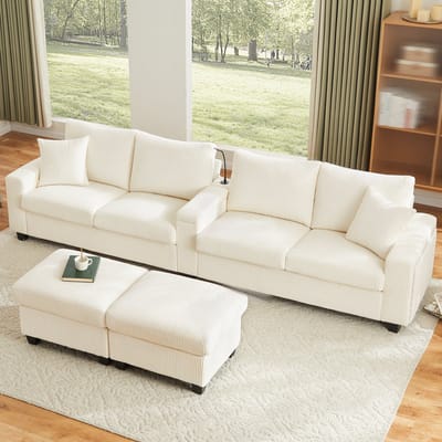 Wishdor - U-Vormige Bank - Met Hockers En Oplaadpoorten - Modern - Voor Woonkamer - Corduroy - Beige - 334 x 128,5 x 81 cm