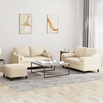 vidaXL - 3-delige - Loungeset - met - kussens - stof - crèmekleurig