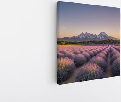 Saammp Canvas Schilderij - Lavendelveld met bergachtig landschap - Natuur - 20x20 - Foto op canvas - Wanddecoratie - Muurdecoratie Woonkamer - Slaapkamer decoratie - Canvas Print