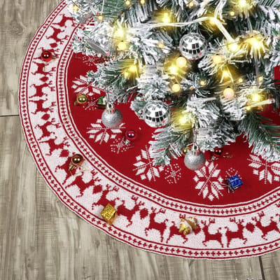 Bordeauxrode Gebreide Kerstboomrok met Sneeuwvlokken en Rendieren, Grote Decoratie voor Kerstboom, Feestelijke Versiering voor Kerst en Winter (90cm)