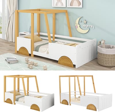 Auto Bed - Kinderbed met Wielen - 90x200 cm - Massief Hout - Wit en Naturel - Met Veiligheidshekken - FSC Gecertificeerd