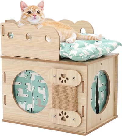 Famanu – Houten Kattenhuis met Zachte Mat – Stapelbaar en Inklapbaar Ontwerp als Kattenkubus of Klimcombinatie voor Binnen
