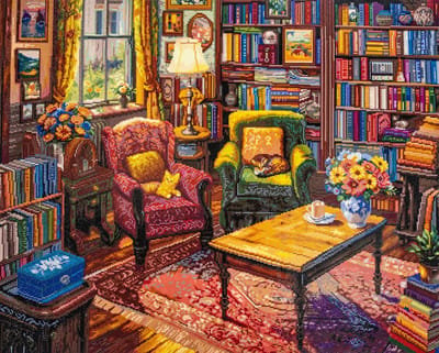 Diamond Painting - Books, Cats and a Puzzle - Boeken, Katten en een Puzzel - Letistitch (90 x 73) vierkante steentjes