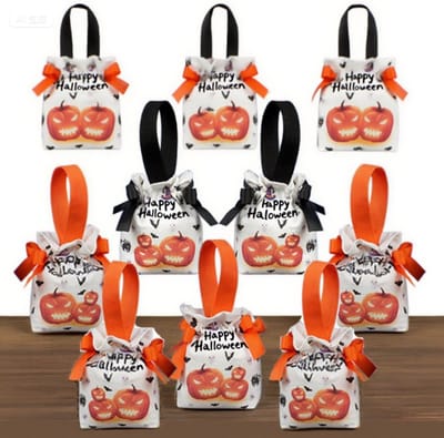 Snoepzakken - Cadeauzakken - Canvaszakken - Zwarte en oranje heks Halloween-stijl - 10 stuks - Snoepverpakkingscadeauzakken voor kleuters - Halloween-feestbenodigdheden - Milieuvriendelijk en herbruikbaar - Zwart en oranje