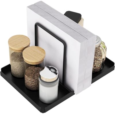 GELLDG Zwarte servettenhouder - Metaal - Inclusief opbergruimte voor zout- en peperstrooier - Tafelservettenhouder - Keukenaccessoire - Decoratieve servettenhouder - Kan gebruikt worden als opbergruimte in de keuken of op kantoor