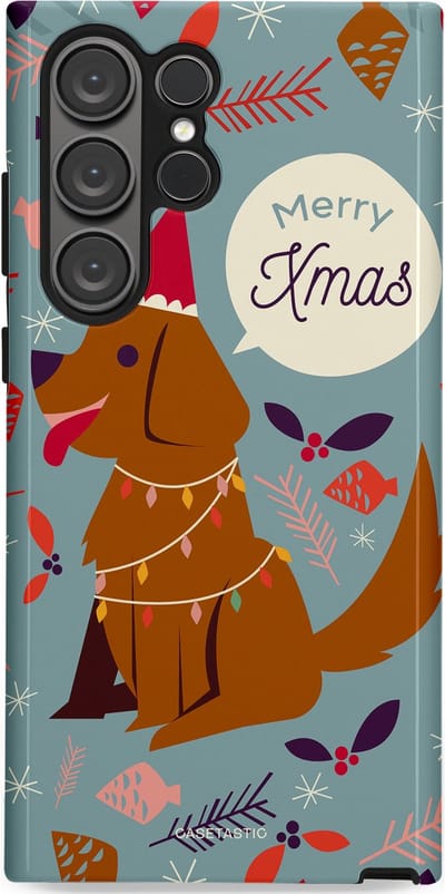 Casetastic hoesje geschikt voor Samsung Galaxy S23 Ultra - Dubbellaagse bescherming - Merry Christmas Hond - Fashion Case - Zilver Bruin Saliegroen Rood