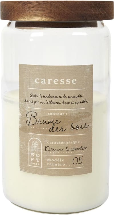 Luxe Geurkaars Brume des Bois – Glazen Pot met Massief Houten Deksel – Ø9 x 16,5 cm – Sfeerkaars voor Woonkamer, Badkamer of Cadeau – Beige