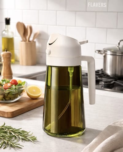 Flavers® - Olijfolie spray - groen glas - wit - 2 in 1 spray - met accessoires - Olijfolie sprayers – BBQ Accesoires - oliefles - Donker glas - Olijfolie Fles - oliefles - schenktuit –bakspray – olie sprayer - Cooking Spray -bbq spray -zwart