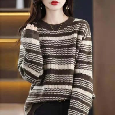 Pulls rayés pour femmes, pulls tricotés, chemises à bascule, col rond, ample, couleur d'épissure, pulls Harajuku XL marron