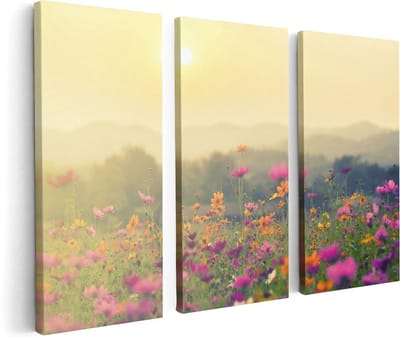 Artaza Canvas Schilderij Drieluik Bloemenveld Met Kosmos - Zonsondergang - 120x80 - Foto Op Canvas - Canvas Print