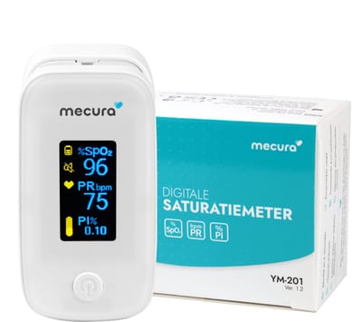 Mecura® Saturatiemeter - Zuurstofmeter Vinger - Saturatiemeters - Best Getest - Zuurstof - Oximeter - CE Klasse IIa Medisch Gecertificeerd - OLED Alarm - Hartslagmeter - Pulsoxymeter Kind & Volwassene - Incl. Batterijen & Tasje