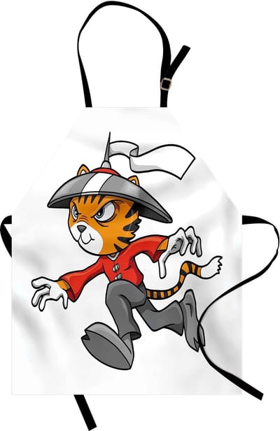 ABAKUHAUS Ninja-kat Koksschort, vechter-cartoon, machinewasbare digitale druk, kleurvast, veelkleurig